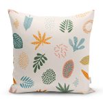 Ekru Zeminli Yaprak Motifler Dijital Baskılı Modern Yastık Kırlent Kılıfı Realhomes