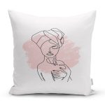 - 7092 - Realhomes Beyaz Zeminde Bayan Desenli Dijital Baskılı Modern Yastık Kırlent Kılıfı Realhomes