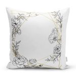 - 7094 - Realhomes Beyaz Zeminde Gul Desenli Gold Detaylı Dijital Baskılı Modern Kırlent Kılıfı Realhomes