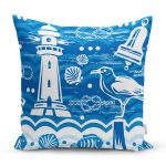 - 7112 - Realhomes Mavi Beyaz Zeminli Yelken Desenli Dijital Baskılı Modern Yastık Kırlent Kılıfı Realhomes