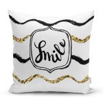 Beyaz Zeminli Gold Detayli Smile Dijital Baskılı Modern Yastık Kırlent Kılıfı Realhomes