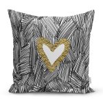 - 7137 - Realhomes Siyah Onedraw Çizimli Gold Renkli Kalp Desenli Modern Yastık Kırlent Kılıfı Realhomes