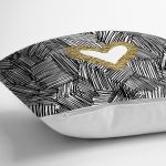 - 7137 - Realhomes Siyah Onedraw Çizimli Gold Renkli Kalp Desenli Modern Yastık Kırlent Kılıfı Realhomes