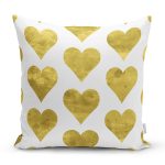 - 7138 - Realhomes Beyaz Zeminli Gold Renkli Kalp Desenli Dijital Baskılı Modern Kırlent Kılıfı Realhomes