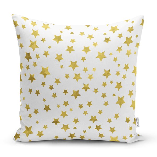 - 7141 - Realhomes  Beyaz Zeminde Gold Renkli Yaprak Desenli Dijital Baskılı Modern Yastık Kılıfı Realhomes