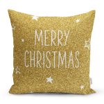- 7143 - Realhomes Gold Zeminde Merry Christmas Yazılı Dijital Baskılı Modern Yastık Kırlent Kılıfı Realhomes