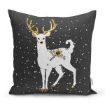 Siyah Zeminnde Geyik Desenli Dijital Baskılı Modern Yastık Kırlent Kılıfı Realhomes