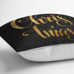 - 7148 - Realhomes Siyah Zeminde Gold Renkli Christmas Yazılı Dijital Baskılı Modern Kırlent Kılıfı Realhomes