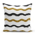 - 7153 - Realhomes Beyaz Zemin Üzerinde Gold Ve Siyah Renkli Çizgiler Modern Yastık Kırlent Kılıfı Realhomes