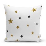 - 7154 - Realhomes Beyaz Zemin Üzerinde Gold Yıldızlı Dijital Baskılı Modern Yastık Kırlent Kılıfı Realhomes