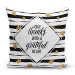 - 7168 - Realhomes Beyaz Zeminde Gold Yapraklı Thanks Yazılı Yastık Kırlent Kılıfı Realhomes