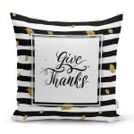 - 7170 - Realhomes Siyah Beyaz Zeminde Gold Yapraklı Thanks Yazılı Modern Yastık Kırlent Kılıfı Realhomes