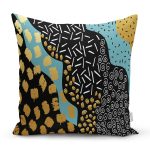 - 7174 - Realhomes Sıyah Beyaz Zeminde Gold Detaylı Renkli Çizim Dijital Baskılı Modern Yastık Kılıfı Realhomes