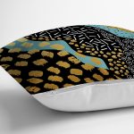 - 7174 - Realhomes Sıyah Beyaz Zeminde Gold Detaylı Renkli Çizim Dijital Baskılı Modern Yastık Kılıfı Realhomes