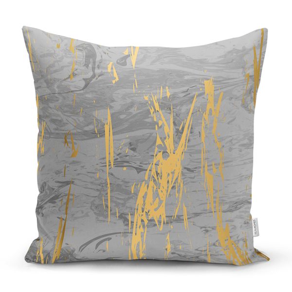 - 7193 - Realhomes  Antrasit Zemin Üzerinde Gold Detaylı Çizim Desenli Modern Yastık Kırlent Kılıfı Realhomes