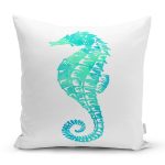 - 7231 - Realhomes Beyaz Zeminde Yeşil Renkli Deniz Atı Desenli Dijital Baskılı Modern Kırlent Kılıfı Realhomes