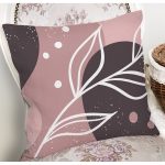 Pudra Zeminde Beyaz Renkli Yaprak Çizimi Dijital Baskılı Modern Kırlent Kılıfı Realhomes