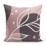 Pudra Zeminde Beyaz Renkli Yaprak Çizimi Dijital Baskılı Modern Kırlent Kılıfı Realhomes