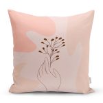 Pudra Zeminde Onedraw Çizimli Yaprak Desenli Dijital Baskılı Modern Kırlent Kılıfı Realhomes