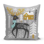 Gri Zeminde Geyik Desenli Dijital Baskılı Modern Yastık Kırlent Kılıfı Realhomes