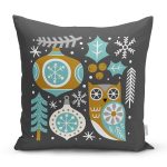 - 7242 - Realhomes Renkli Zeminde Kartanesi Ve Yaprak Desenli Dijital Baskılı Modern Kırlent Kılıfı Realhomes