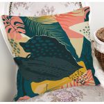 - 7248 - Realhomes Renkli Zeminli Koyu Renkli Yapraklar Dijital Baskılı Modern Yastık Kırlent Kılıfı Realhomes