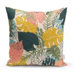 - 7251 - Realhomes Pudra Zeminde Renkli Yaprak Desenli Dijital Baskılı Modern Yastık Kırlent Kılıfı Realhomes