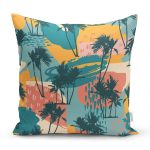 Renkli Zemin Üzerinde Palmiye Desenli Dijital Baskılı Modern Yastık Kırlent Kılıfı Realhomes
