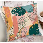 Renkli Zemin Üzerinde Onedraw Çizimli Yapraklar Modern Yastık Kırlent Kılıfı Realhomes