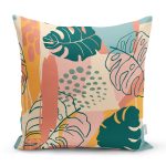 Renkli Zemin Üzerinde Onedraw Çizimli Yapraklar Modern Yastık Kırlent Kılıfı Realhomes