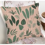 Pudra Zemin Üzerinde Yeşil Yapraklı Dijital Baskılı Modern Yastık Kırlent Kılıfı Realhomes