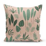 Pudra Zemin Üzerinde Yeşil Yapraklı Dijital Baskılı Modern Yastık Kırlent Kılıfı Realhomes