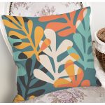 - 7296 - Realhomes  Renkli Zemin Üzerinde Onedraw Çizimli Yaprak Motifli Yastık Kırlent Kılıfı Realhomes