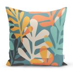 - 7296 - Realhomes  Renkli Zemin Üzerinde Onedraw Çizimli Yaprak Motifli Yastık Kırlent Kılıfı Realhomes