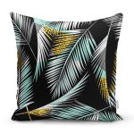 - 7303 - Realhomes  Siyah Zemin Üzerinde Yaprak Desenli Dijital Baskılı Modern Yastık Kırlent Kılıfı Realhomes