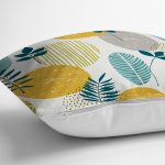 - 7307 - Realhomes Beyaz Zemin Üzerinde Yaprak Desenli Dijital Baskılı Modern Yastık Kırlent Kılıfı Realhomes