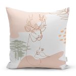 - 7337 - Realhomes Beyaz Zeminde Geyik Desenli Bayan Silüeti Yastık Kırlent Kılıfı Realhomes