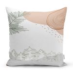 Beyaz Zeminde Onedraw Çizimli Yaprak Desenli Dijital Baskılı Modern Yastık Kılıfı Realhomes