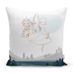 - 7345 - Realhomes Beyaz Zemin Üzerinde Manzara Motifli Bayan Silüeti Modern Yastık Kırlent Kılıfı Realhomes