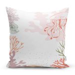 - 7372 - Realhomes Beyaz Zeminli Denizanası Motifli Dijital Baskılı Modern Yastık Kırlent Kılıfı Realhomes