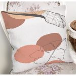 - 7392 - Realhomes Beyaz Zemin Üzerinde Onedraw Çizimli Yaprak Motifli Yastık Kırlent Kılıfı Realhomes