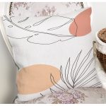 - 7394 - Realhomes Beyaz Zemin Üzerinde Onedraw Çizimli Yaprak Motifli Yastık Kırlent Kılıfı Realhomes