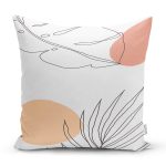 - 7394 - Realhomes Beyaz Zemin Üzerinde Onedraw Çizimli Yaprak Motifli Yastık Kırlent Kılıfı Realhomes