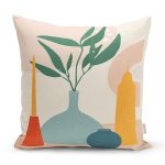 - 7397 - Realhomes  Renkli Zeminde Onedraw Çizimli Vazo Temalı Dijital Baskılı Modern Kırlent Kılıfı Realhomes