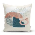 Renkli Zeminde Onedraw Çizimli Yaprak Desenli Dijital Baskılı Modern Yastık Kılıfı Realhomes