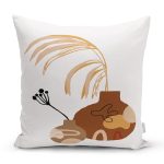 - 7432 - Realhomes Beyaz Zeminde Onedraw Çizimli Vazo Desenli Dijital Baskılı Modern Kırlent Kılıfı Realhomes