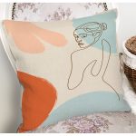 Renkli Zeminli Onedraw Çizimli Bayan Desenli Dijital Baskılı Modern Kırlent Kılıfı Realhomes