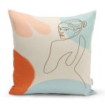 Renkli Zeminli Onedraw Çizimli Bayan Desenli Dijital Baskılı Modern Kırlent Kılıfı Realhomes