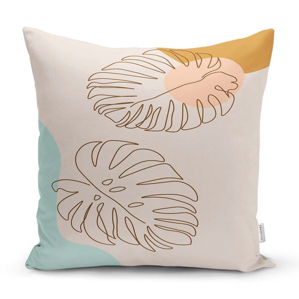Renkli Zeminli Onedraw Çizimli Yaprak Desenli Dijital Baskılı Modern Yastık Kılıfı Realhomes