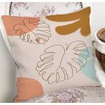 - 7477 - Realhomes Renkli Zeminli Onedraw Çizimli Yaprak Desenli Dijital Baskılı Modern Yastık Kılıfı Realhomes